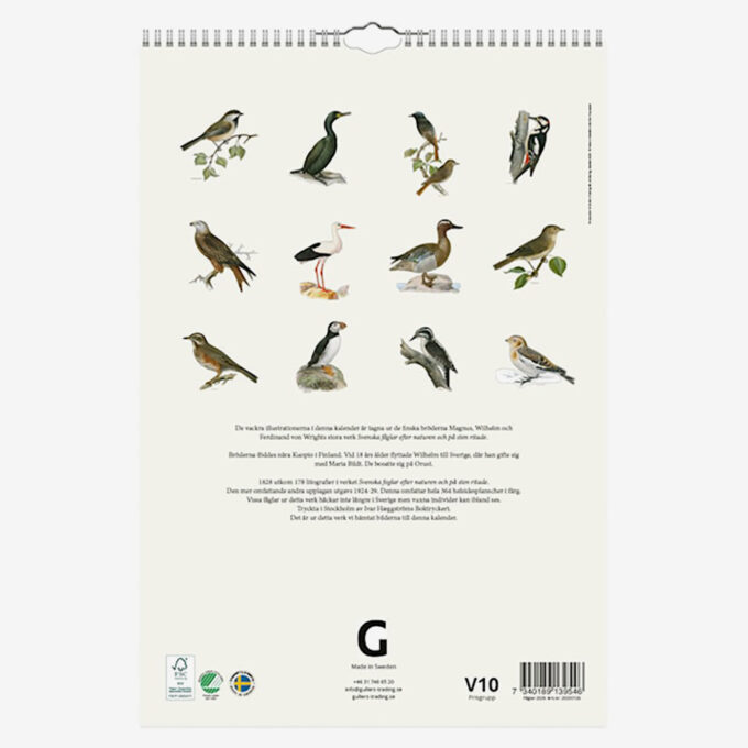 Baksidan av väggkalender 2026, med översikt av varje månads fågelmotiv.