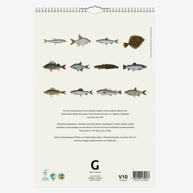 Baksidan av väggkkalender med översikt av tolv fiskarter.